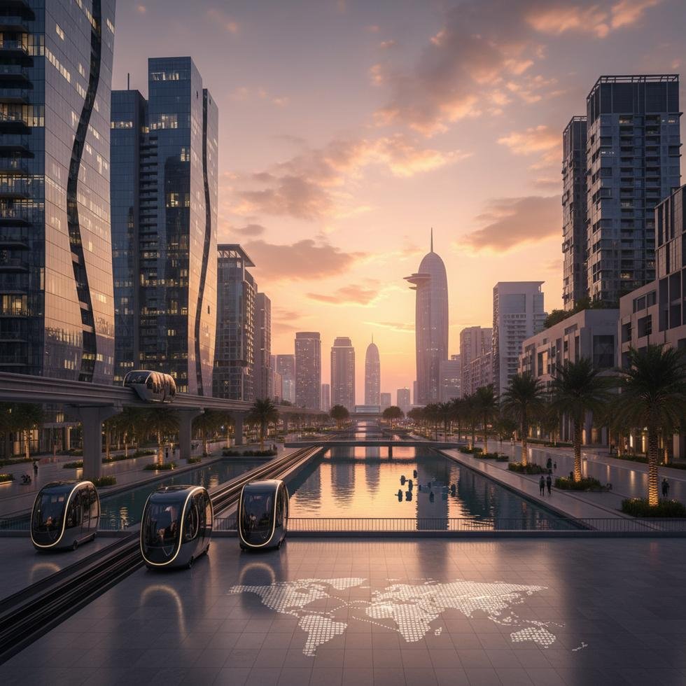 Lusail şehrinin modern mimarisi ve marina bölgesi