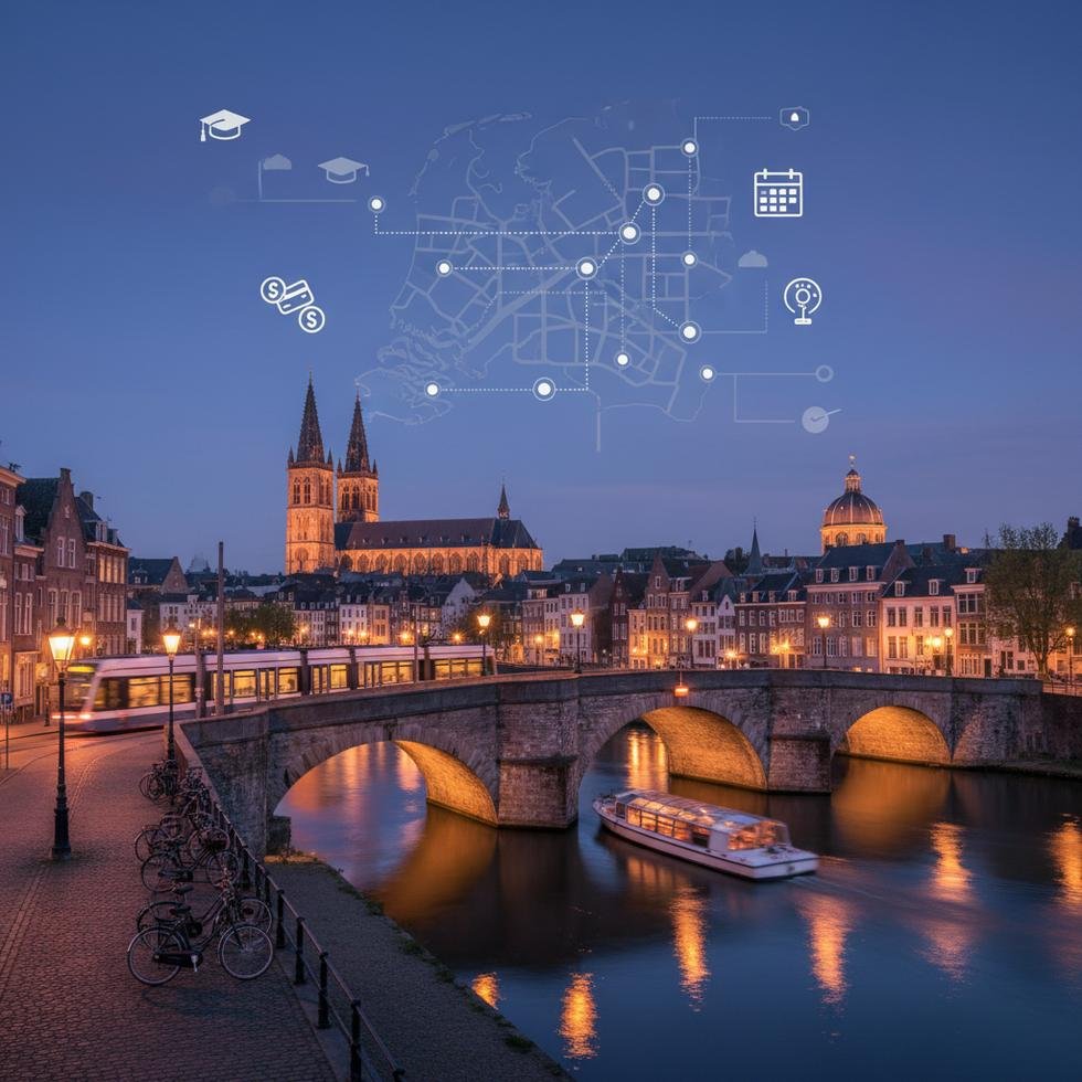 Maastricht şehrinden nehir kıyısı ve tarihi binaların panoramik görüntüsü