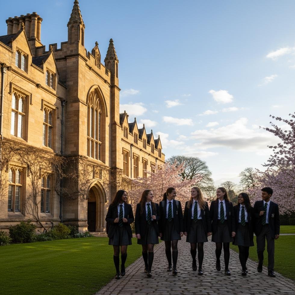 Tarihî okul binasında kız ve erkek öğrenciler