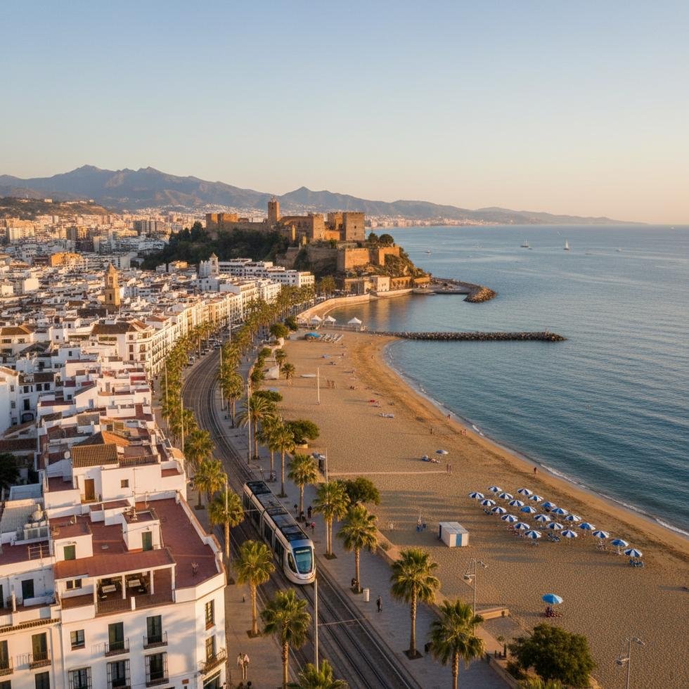 Málaga şehri panoramik sahil ve tarihi yapılar