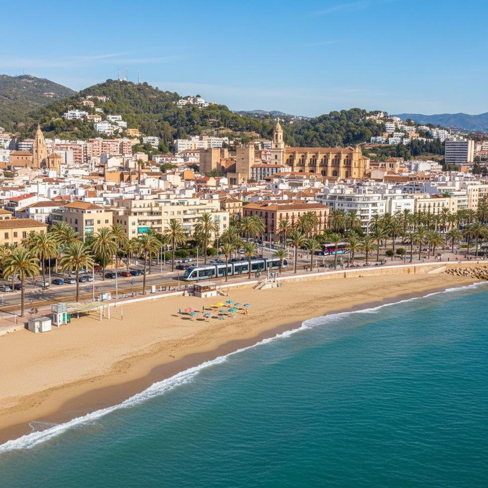 Málaga şehir merkezi, plajlar ve tarihi bölgelerin panoramik görünümü