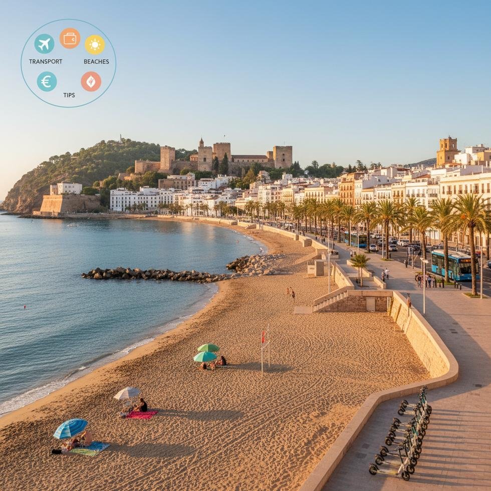 Málaga şehrinden panoramik plaj ve şehir manzarası