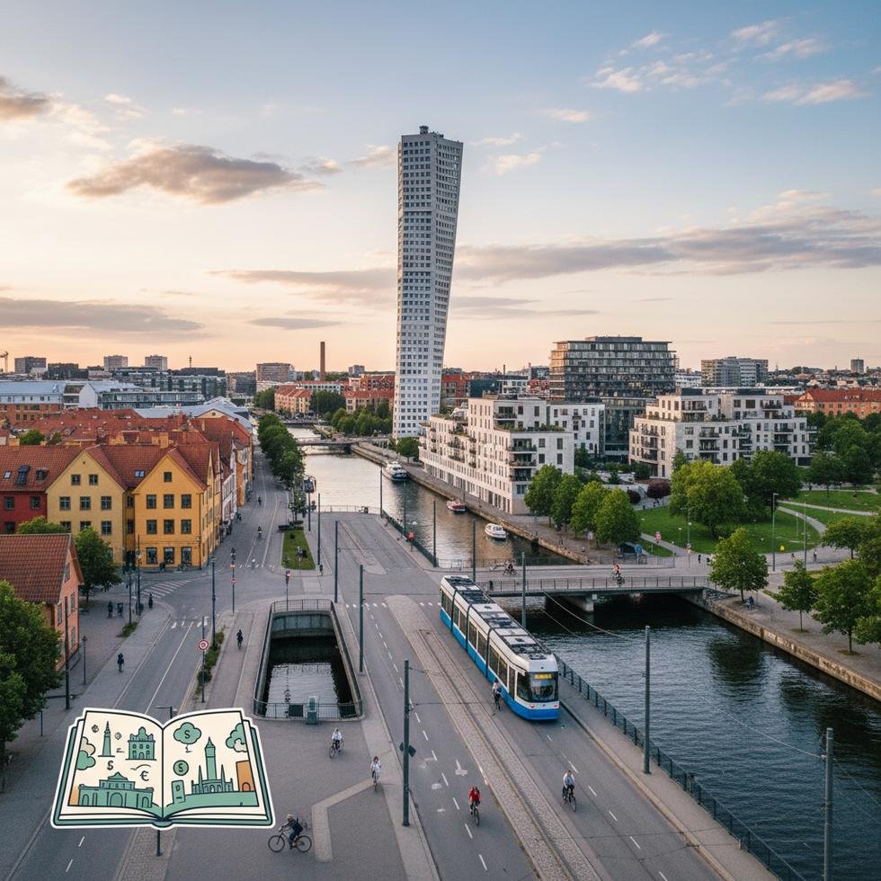 Malmö şehir manzarası ve liman bölgesi