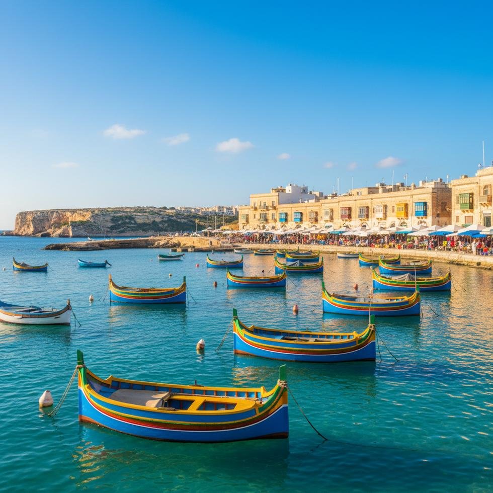 Marsaxlokk kasabasındaki renkli luzzu tekneleri ve sahil manzarası