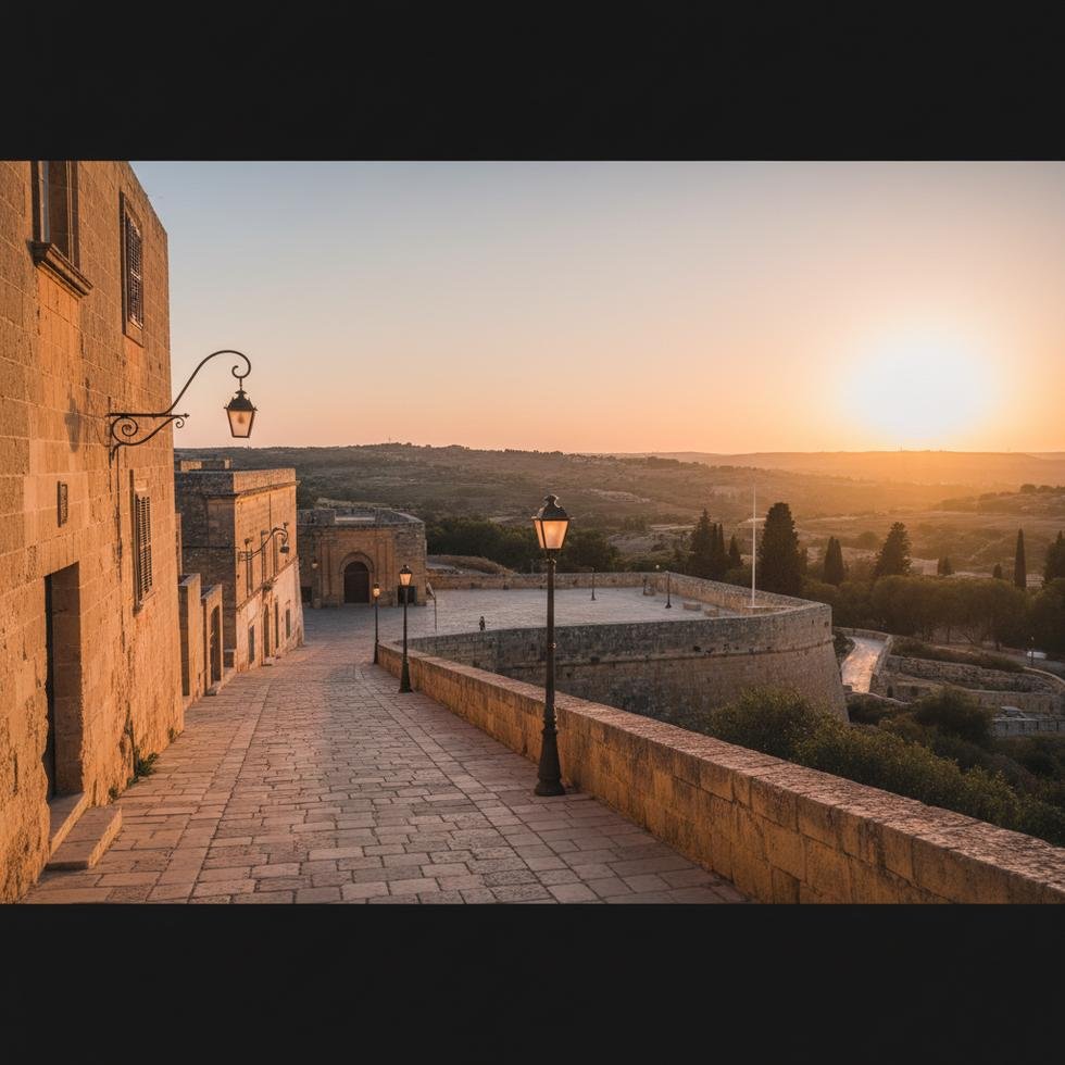 Mdina'nın taş sokaklarında romantik yürüyüş yapan çift