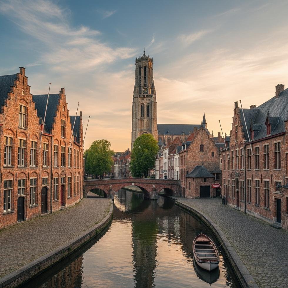 Mechelen şehrinden tarihi çan kulesi ve kanalların görünümü