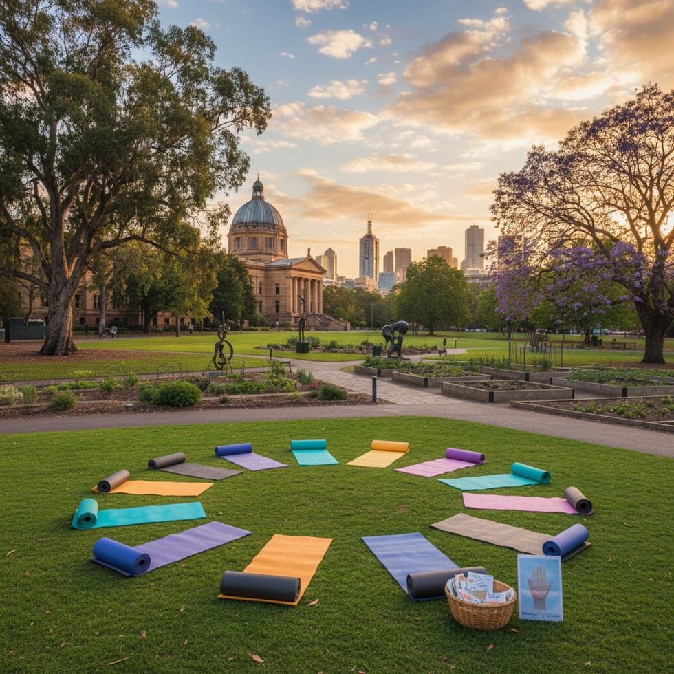 Melbourne'de açık alanda yoga yapan bir grup insan