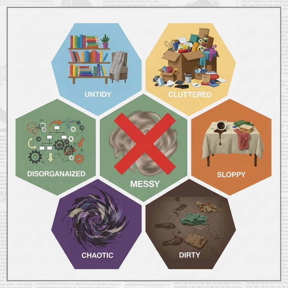 Messy kelimesi yerine İngilizcede kullanılabilecek alternatif kelimeler listesi