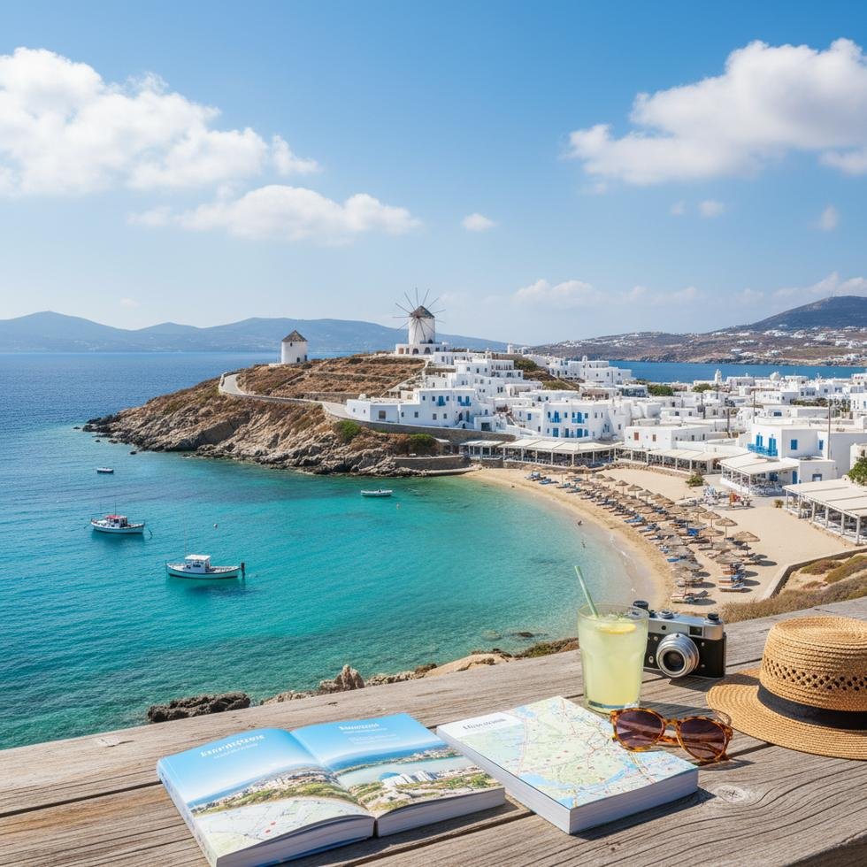 Mikonos adasında plaj ve beyaz evlerin genel görünümü