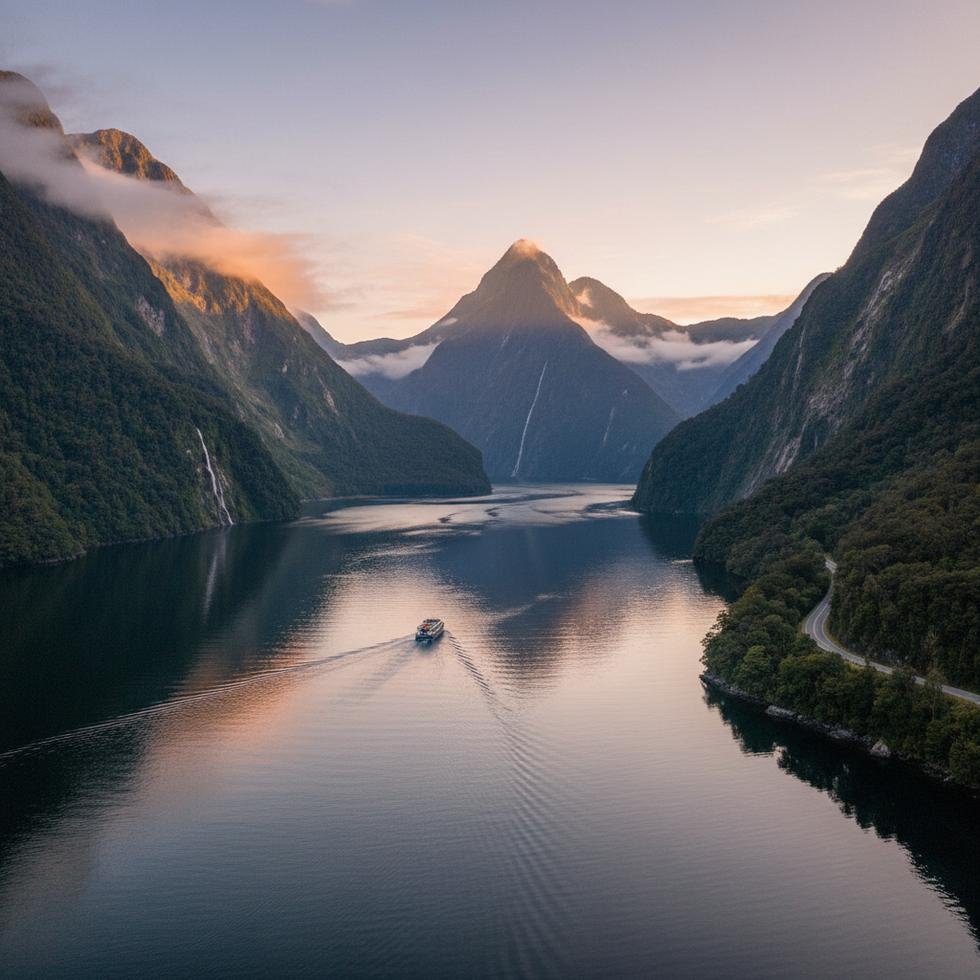 Milford Sound’un doğal fiyortu ve çevresindeki tekne turu manzarası