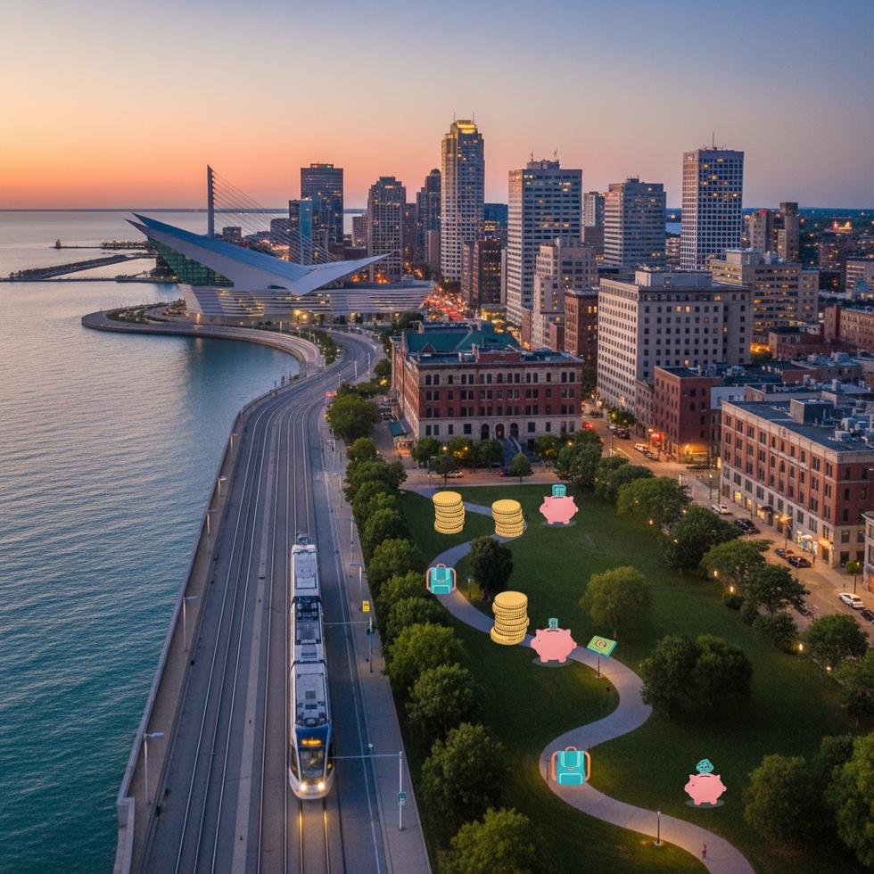 Milwaukee şehir manzarası ve göl kıyısı