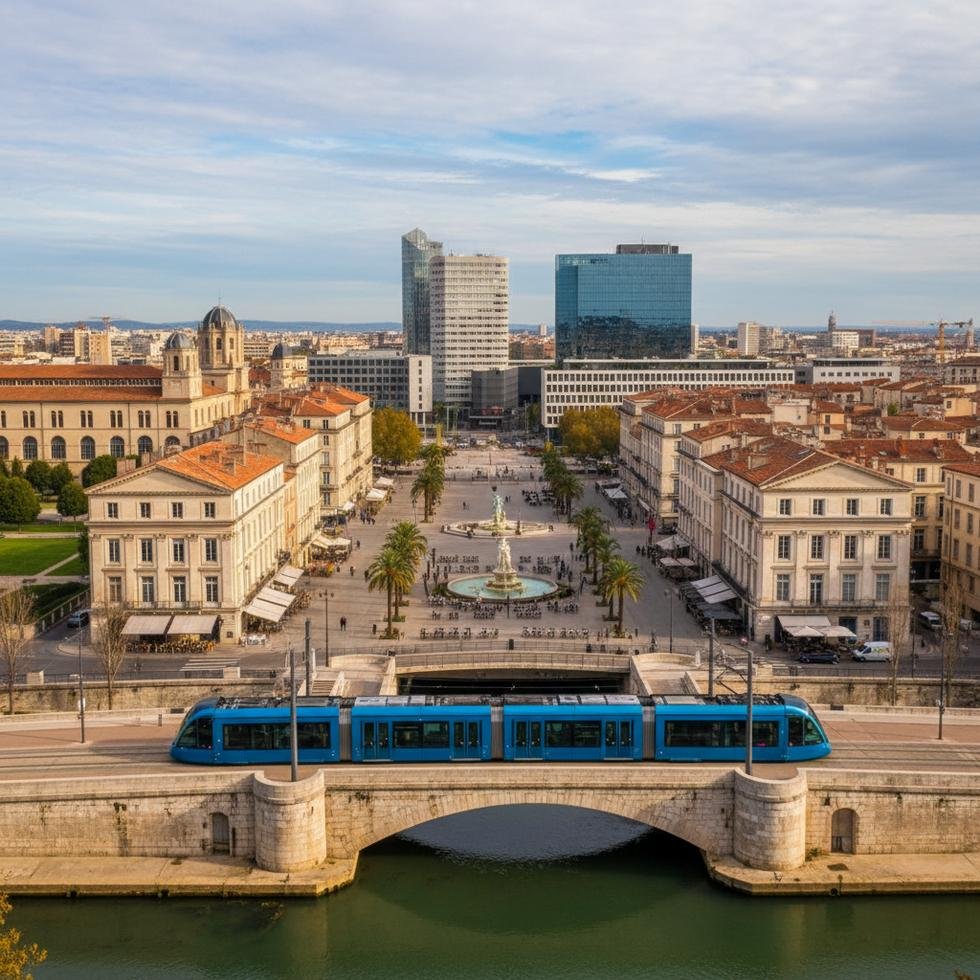 Montpellier şehrinde öğrenci yaşamını gösteren şehir manzarası