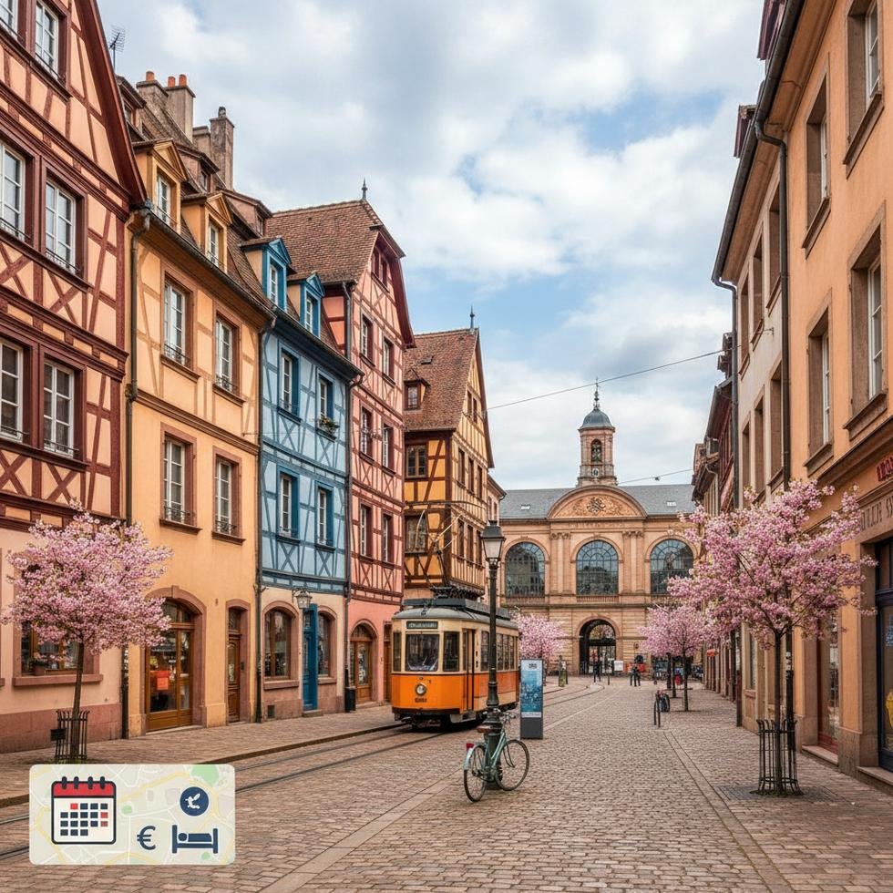 Mulhouse şehrinde tramvay ve tarihi binalar