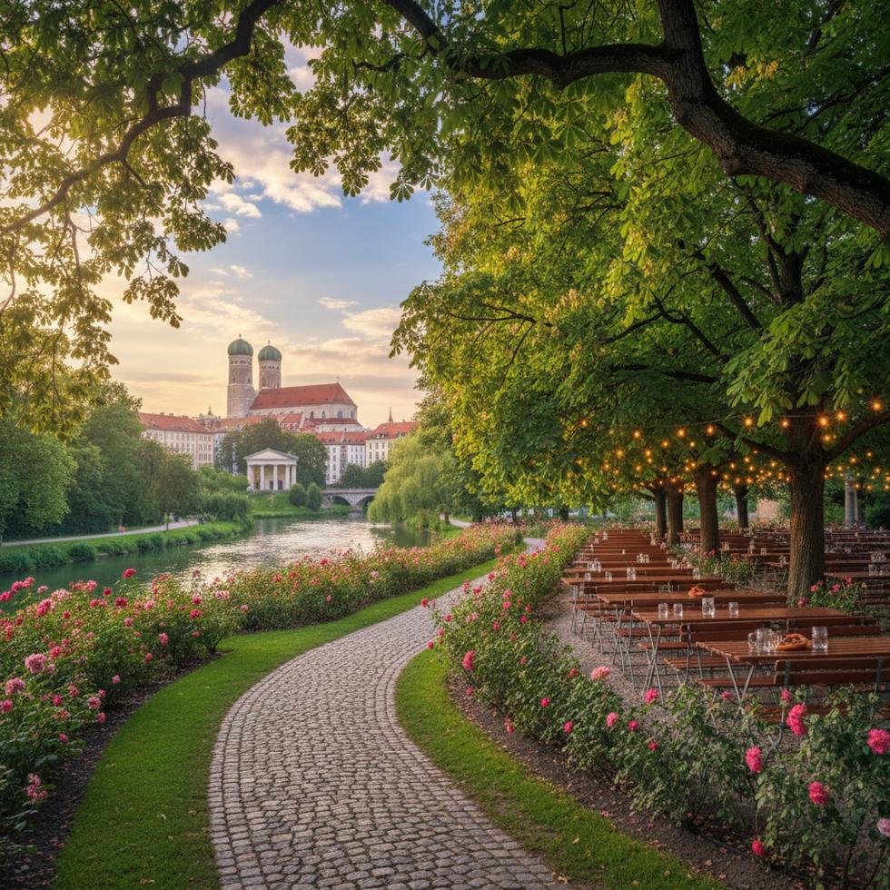 Münih bira bahçesi ve parklarında romantik atmosfer