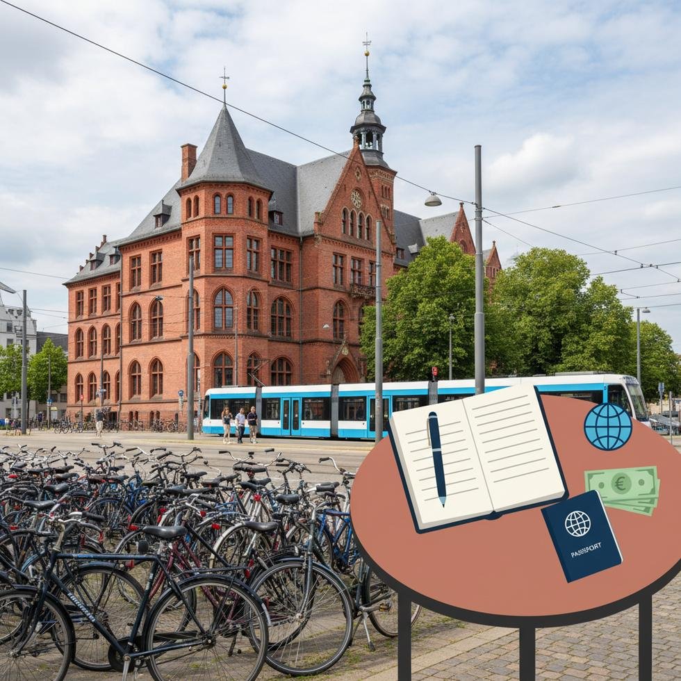 Münster'de bisiklet kullanan öğrenciler ve kampüs alanı