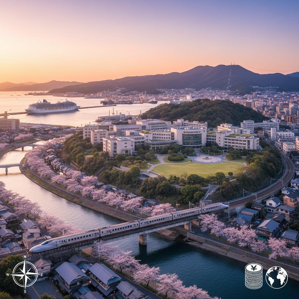 Nagasaki şehrinde liman, tramvay ve tepelerden panoramik manzara