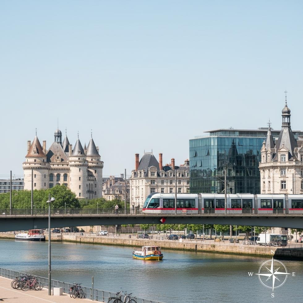 Nantes şehrinin panoramik görünümü ve tarihi yapıları