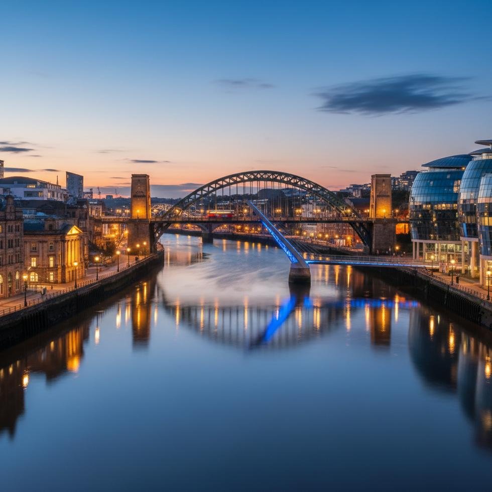 Newcastle şehir manzarası ve Tyne Köprüsü