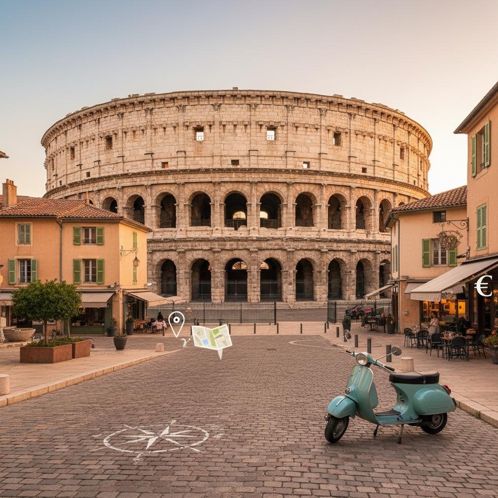 Nîmes şehrinde tarihi yapıların ve ulaşım yollarının genel görünümü