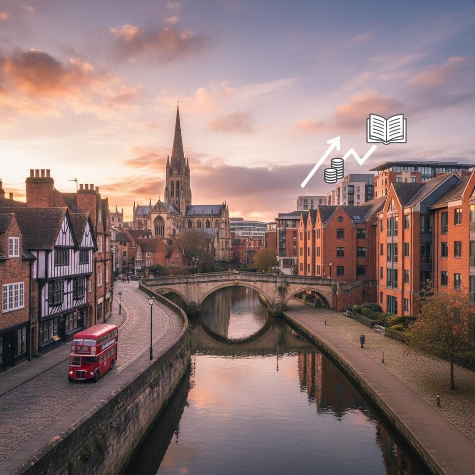 Norwich şehir merkezinde tarihi binalar ve yürüyen insanlar