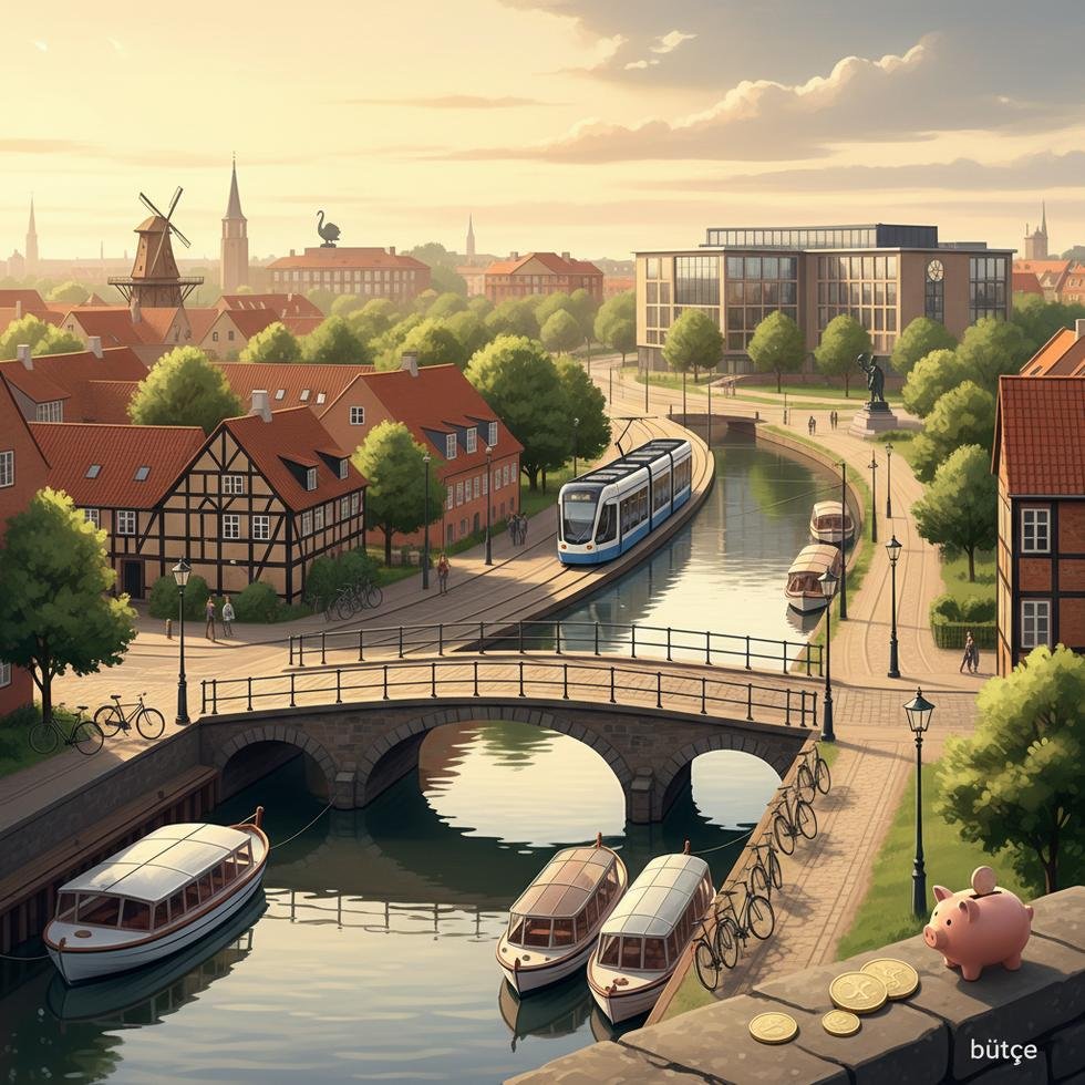 Odense şehrinde tarihi ve modern yaşamı gösteren panorama
