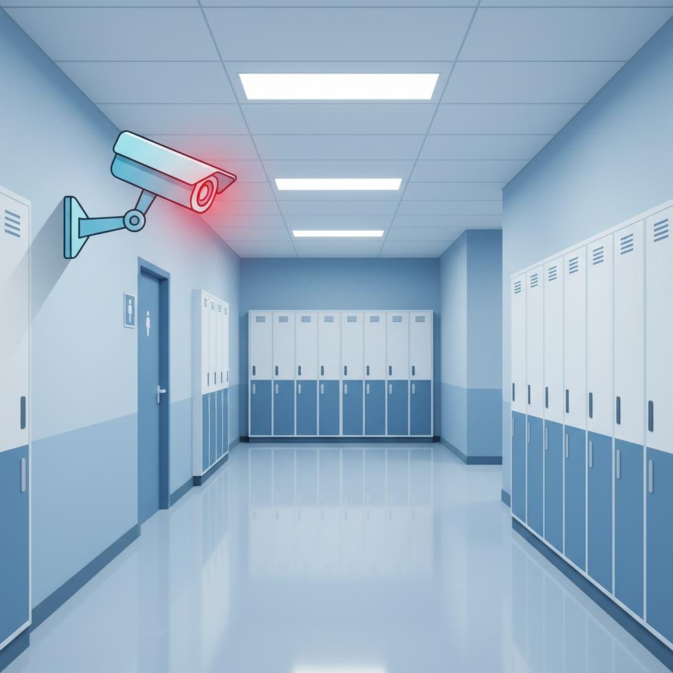 Okul koridorunda güvenlik kamerası simgesi