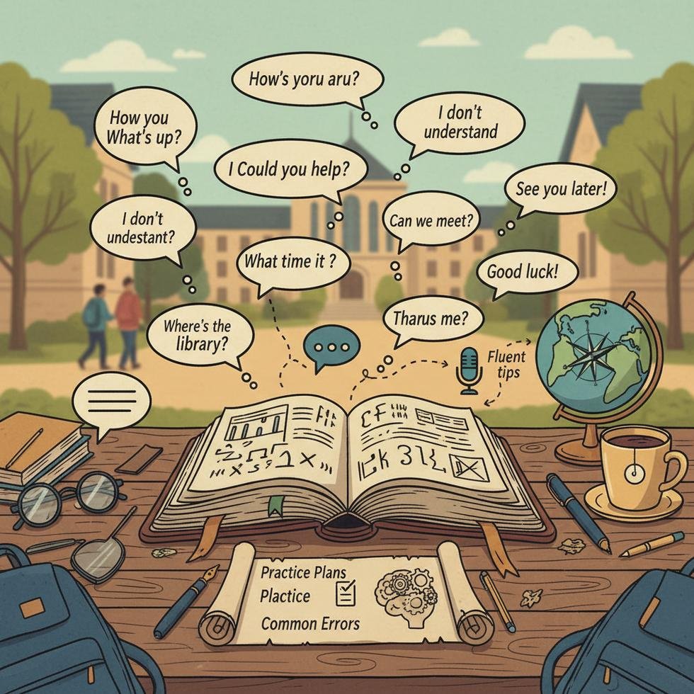 Kampüste İngilizce öğrenme ve iletişim temalı görsel