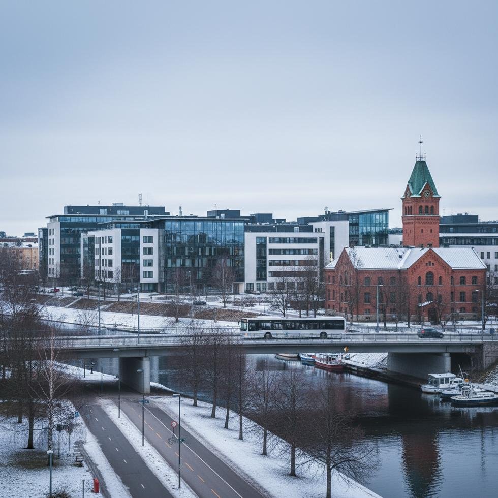 Oulu şehrinde eğitim ve yaşam konseptini yansıtan bir şehir manzarası