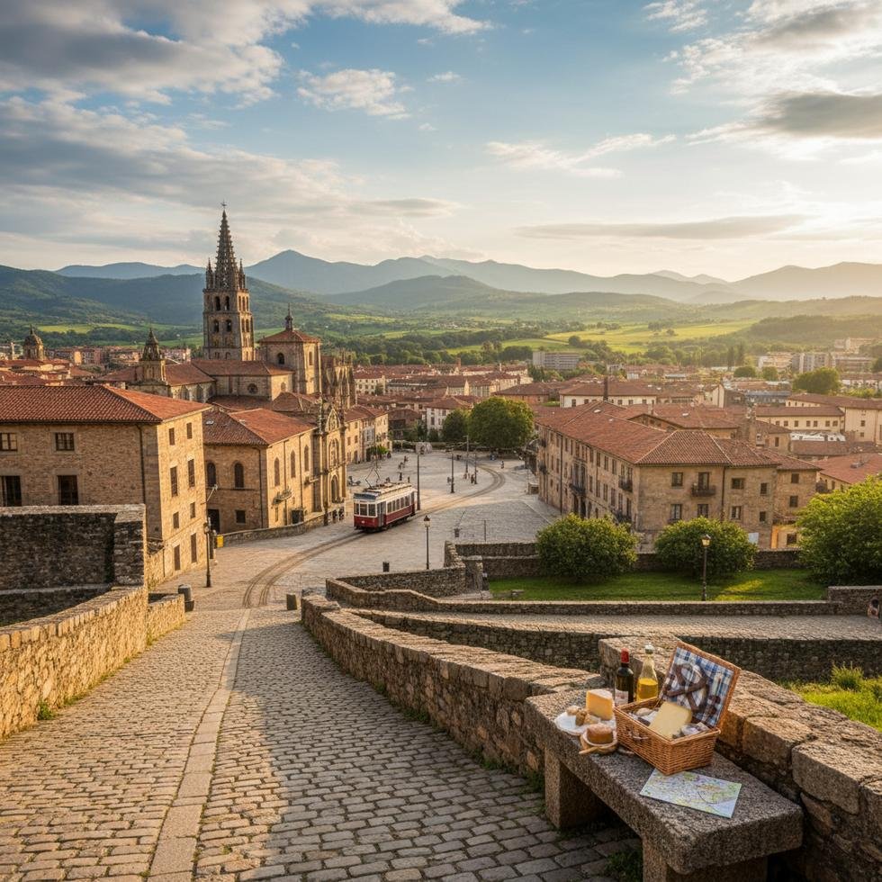 Oviedo şehir merkezinden bir sokak ve tarihi yapı görünümü
