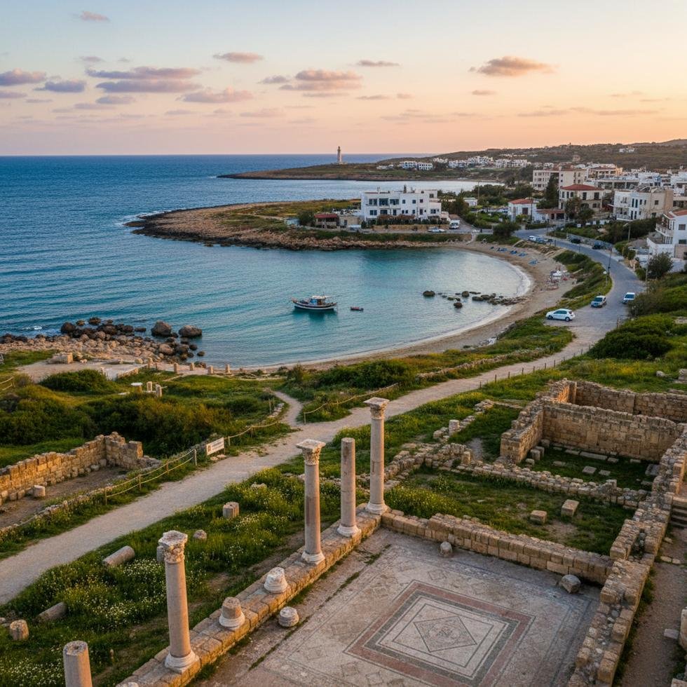 Pafoz sahilinde deniz ve arkeolojik alan görünümü