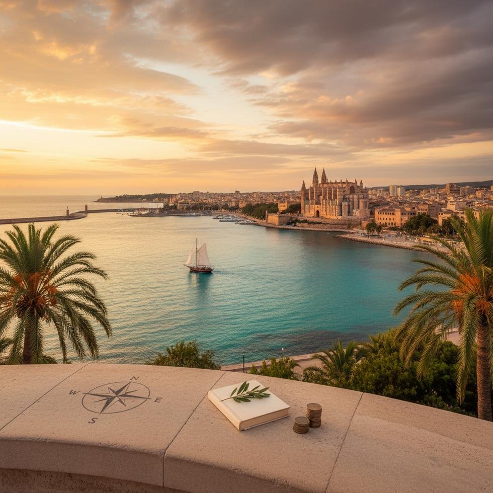 Palma de Mallorca şehrinden sahil manzarası ve tarihi binalar