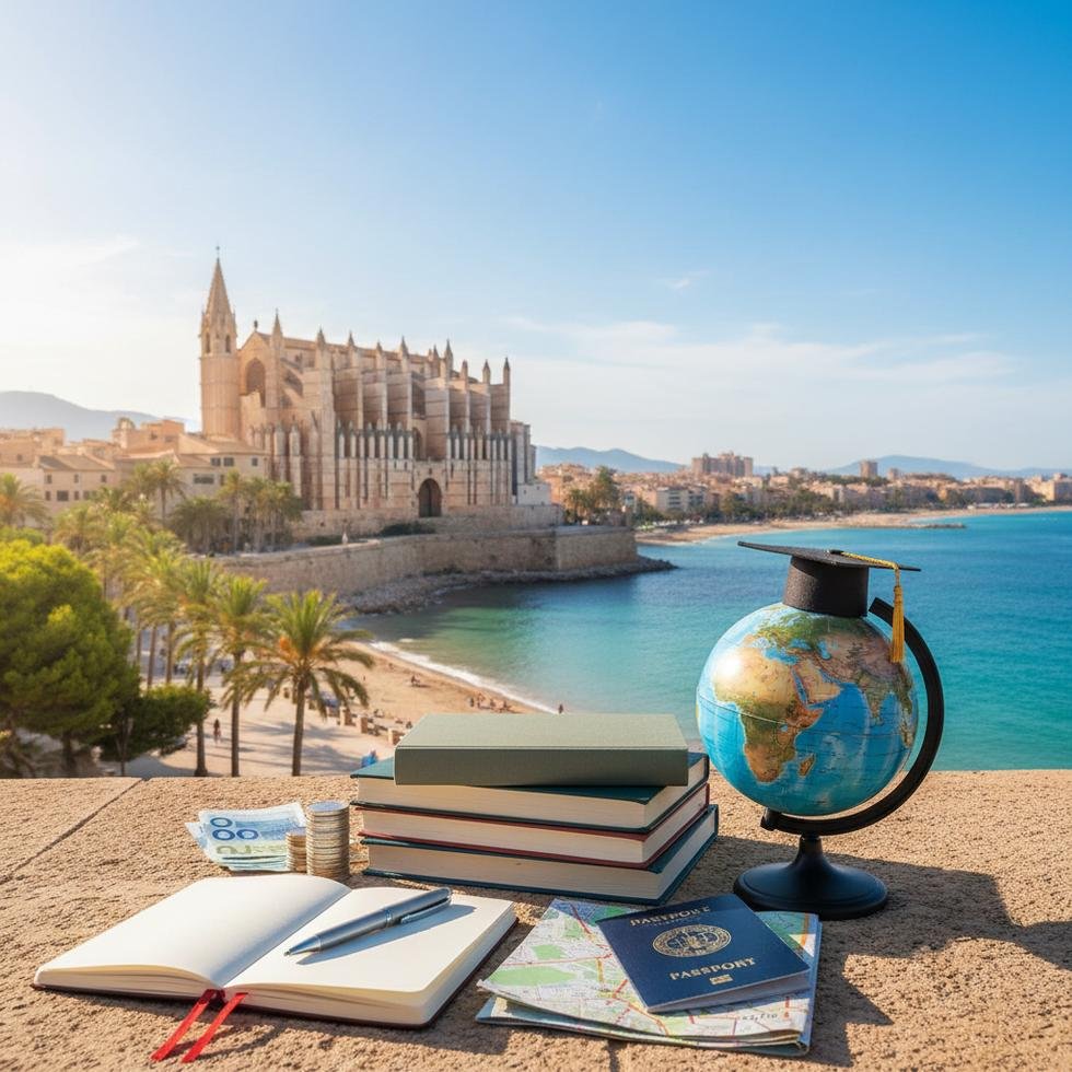 Palma de Mallorca şehrine ait sahil ve katedral manzarası