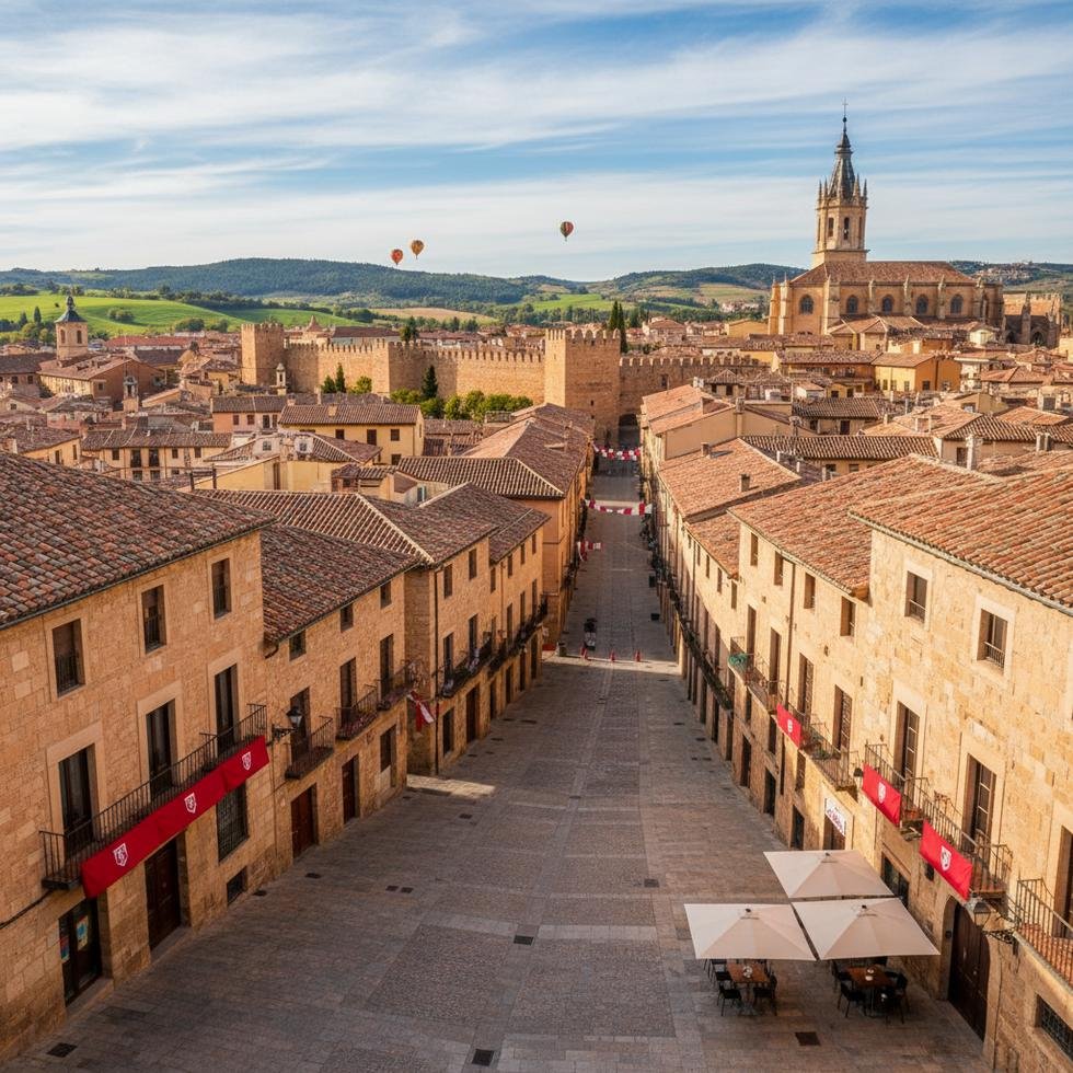 Pamplona şehrinden tarihi binaların ve yeşil parkların görünümü