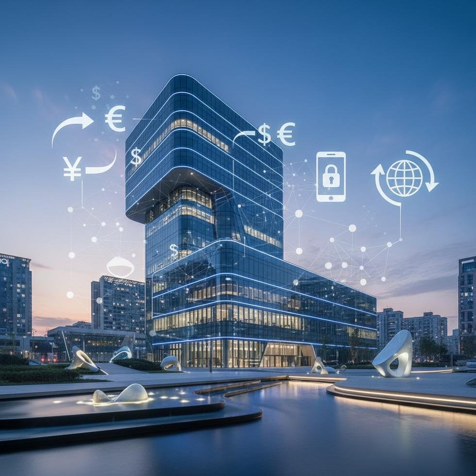 Banka binası ve dijital para transfer ikonları