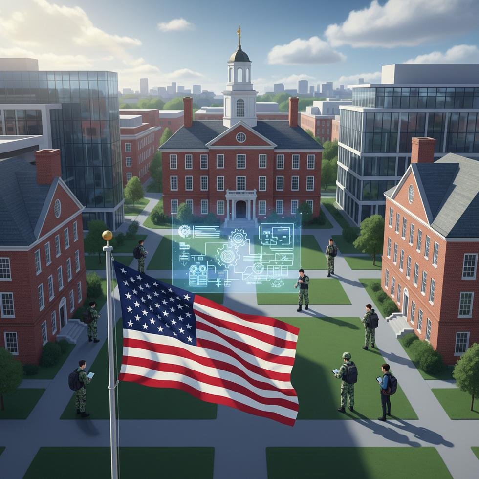 Harvard Üniversitesi kampüsü ve Amerikan bayrağı