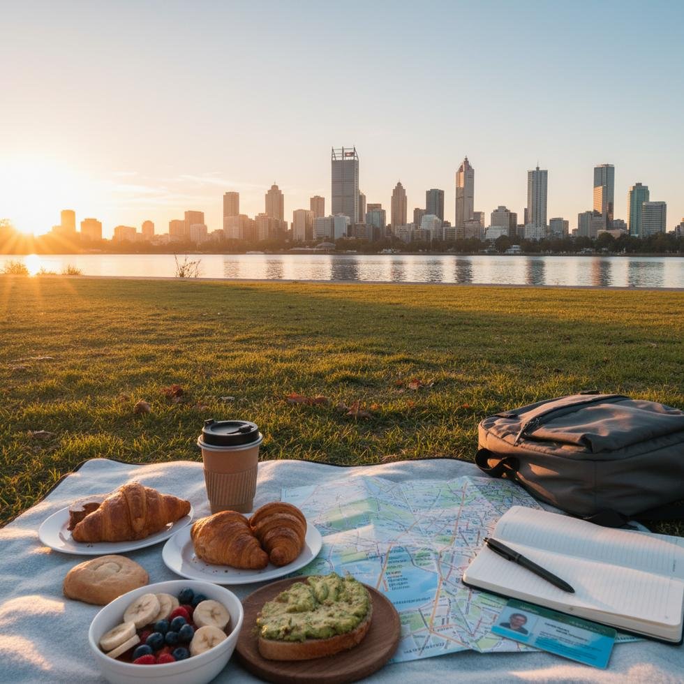 Perth'te dışarıda kahve ve kruvasan yiyen öğrenciler