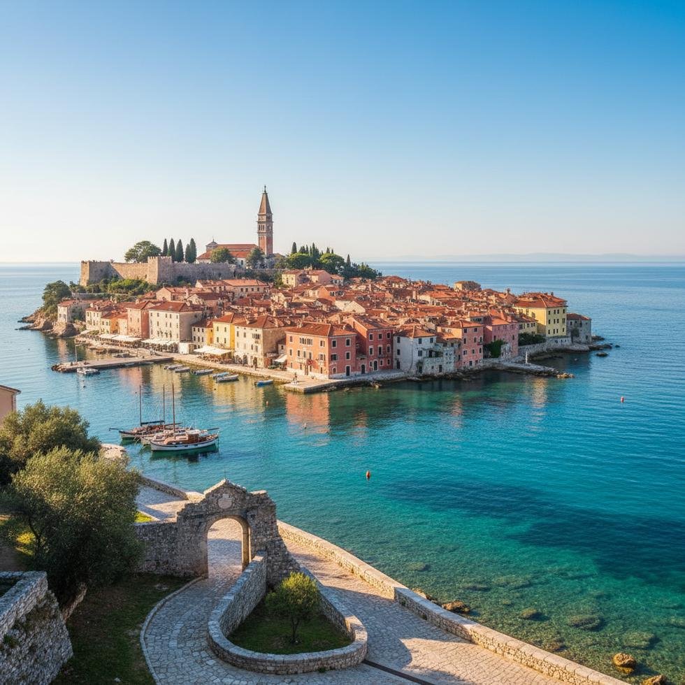 Piran sahil kasabasının tarihi merkezi ve liman manzarası
