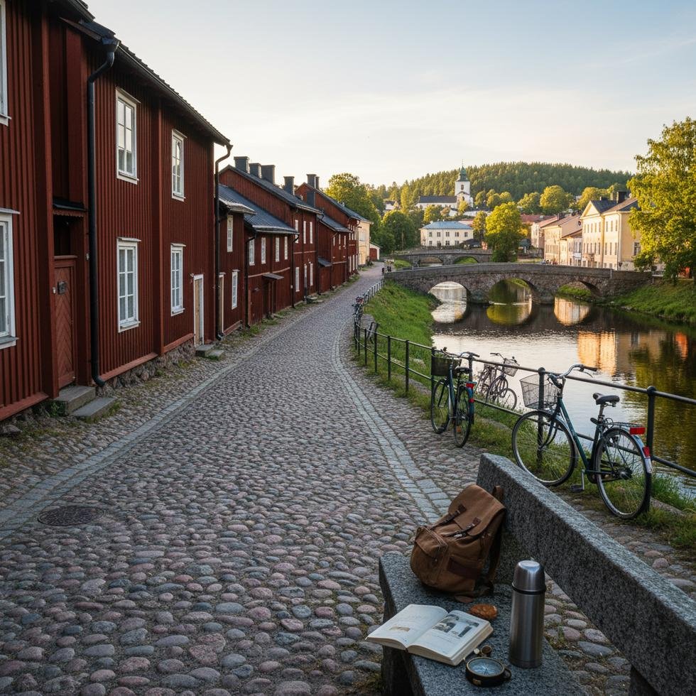 Porvoo şehrinden nehir kıyısı ve tarihi bina manzarası