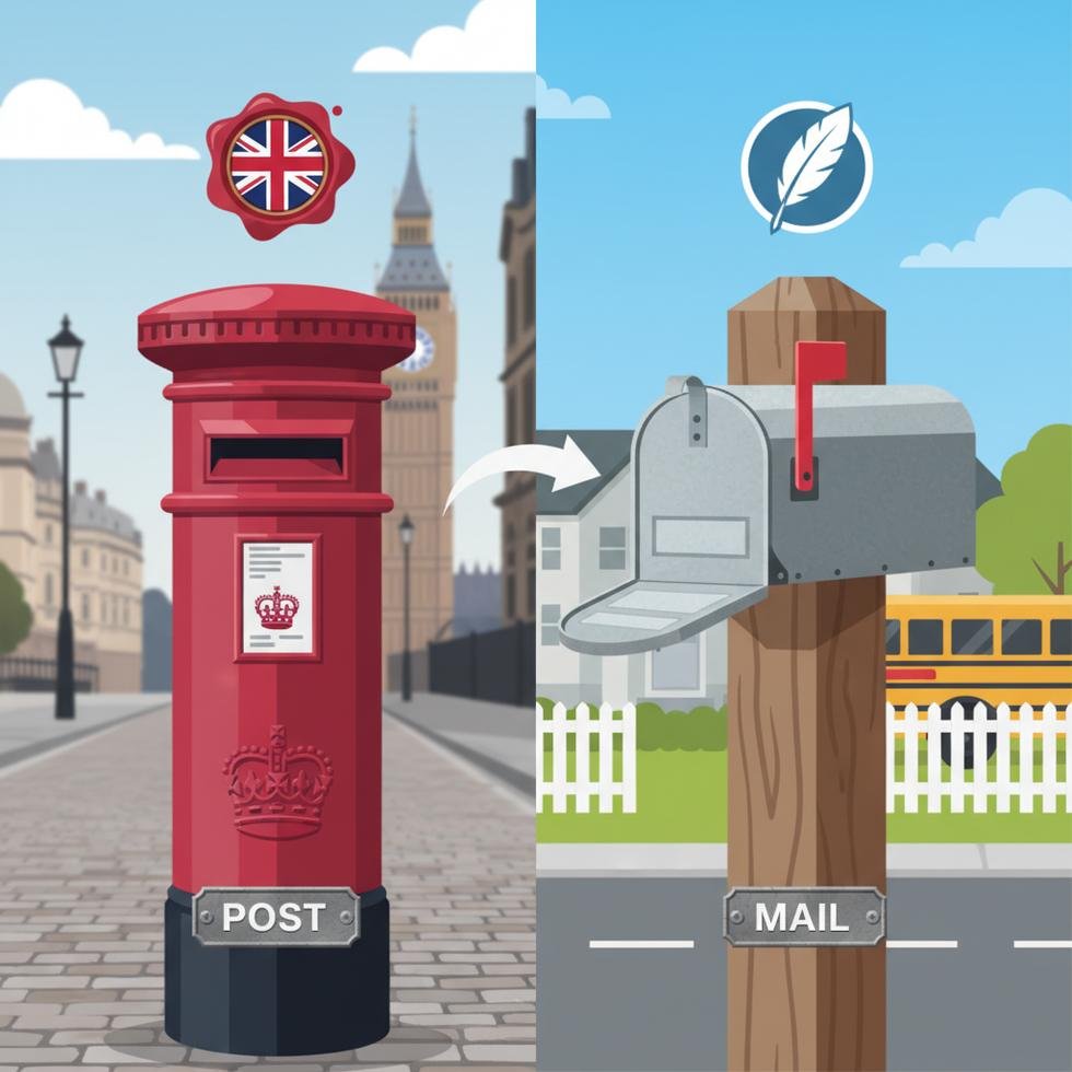 İngiltere ve ABD’de posta ve mail kullanım farklarıyla ilgili rehber kitabı ve posta zarfı