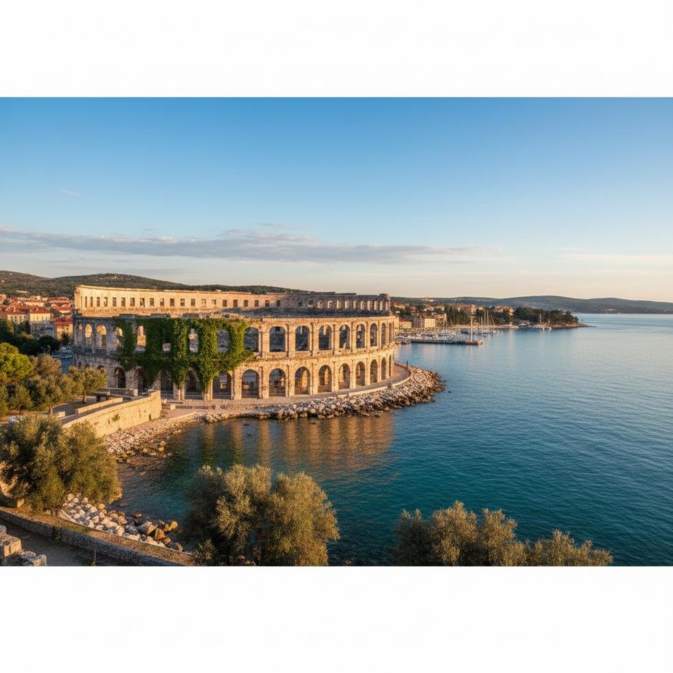 Pula şehrinde tarihi amfitiyatro ve Adriyatik kıyıları