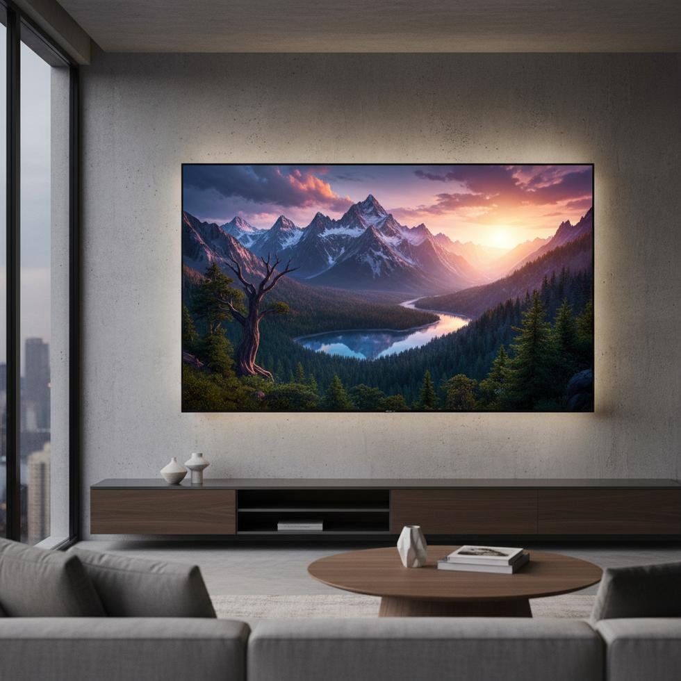 Modern bir oturma odasında yüksek kaliteli QD Mini LED televizyon ekranı