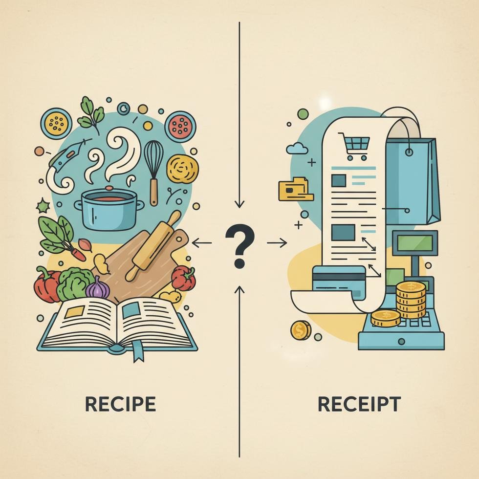 Recipe ve Receipt kelimelerinin İngilizce kullanımı ve farkları hakkında görsel