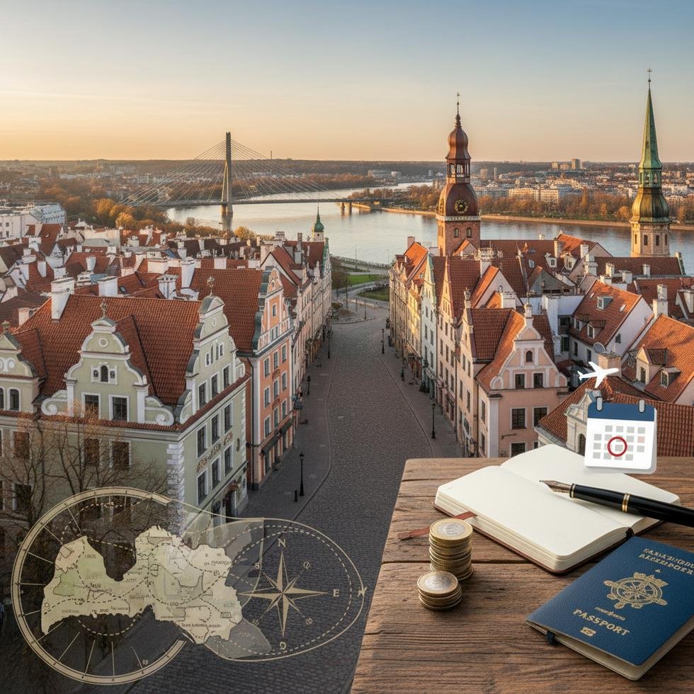 Riga şehrinin tarihi binaları ve nehir manzarası