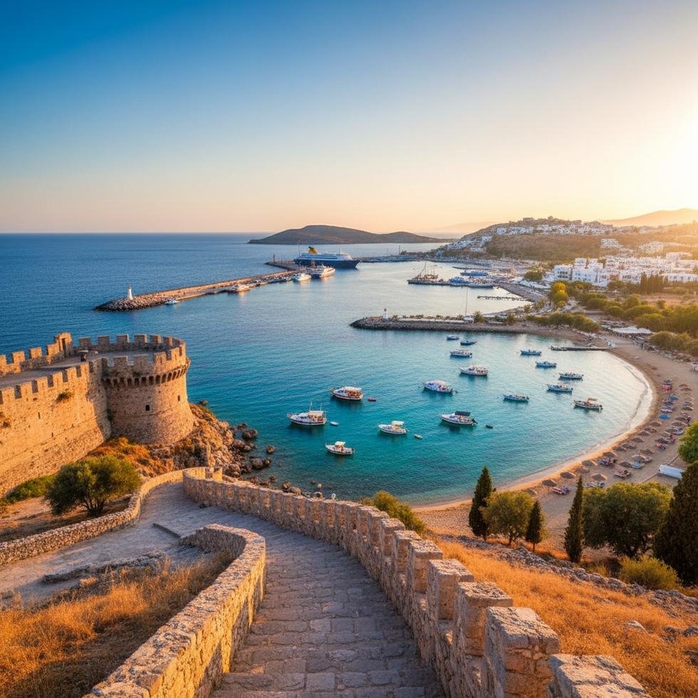 Rodos Adası'nın tarihi ve plajlarını gösteren bir gezi görüntüsü