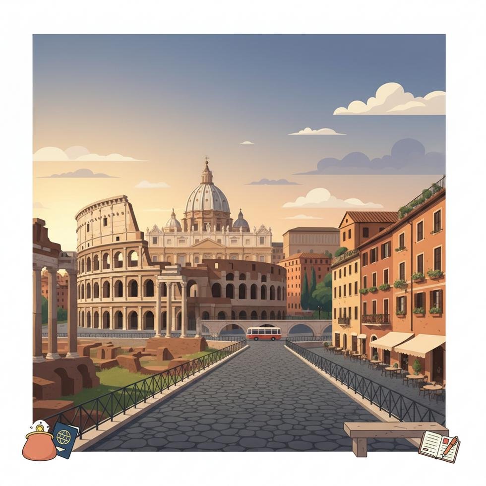 Roma şehir merkezinde tarihi yapılar ve ulaşım aracı