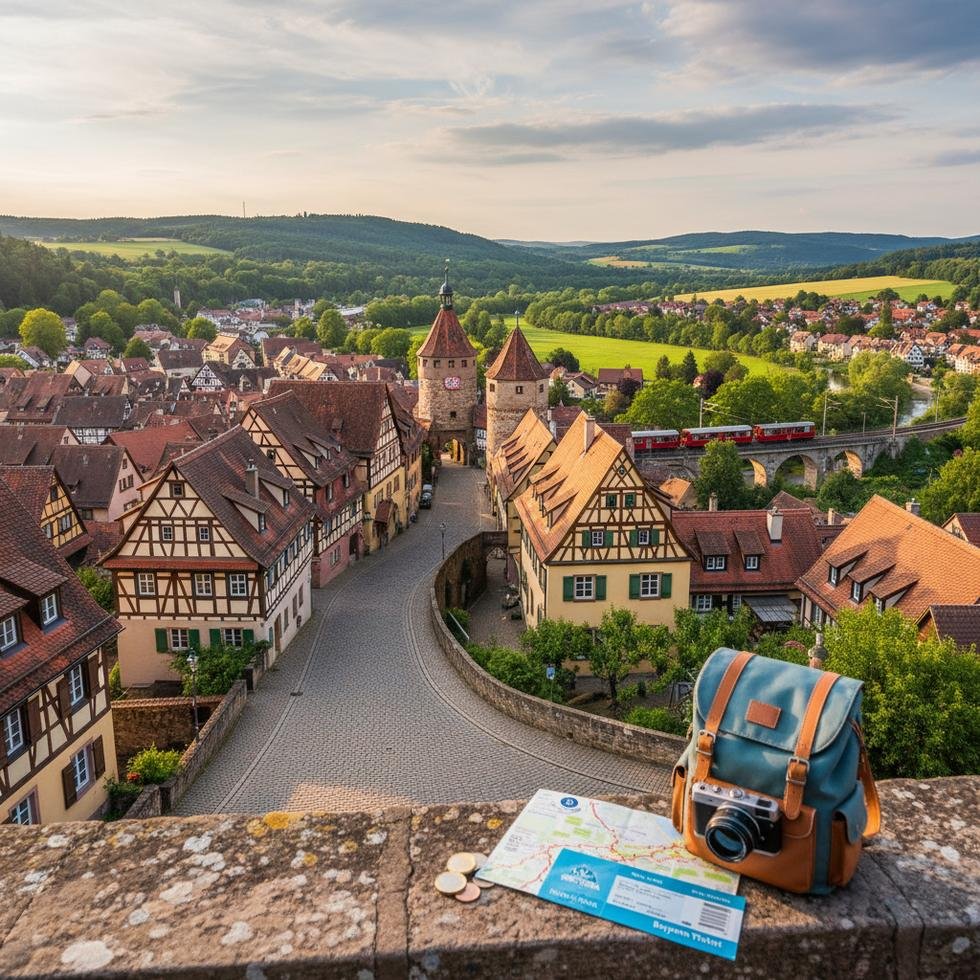 Rothenburg ob der Tauber şehrinin tarihi dokusunu gösteren taş sokaklar ve surlar