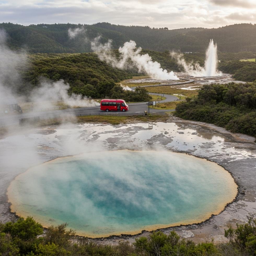 Rotorua doğal termal alanlar ve orman yürüyüşü manzarası