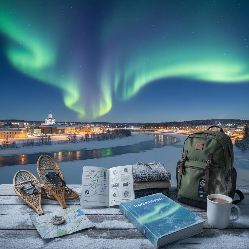 Rovaniemi şehrinde kuzey ışıkları ve kar manzarası