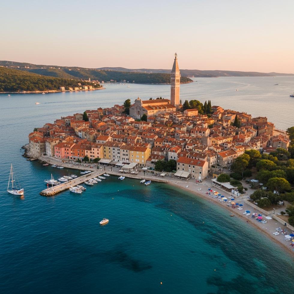 Rovinj şehrinin tarihi merkezi ve deniz manzarası