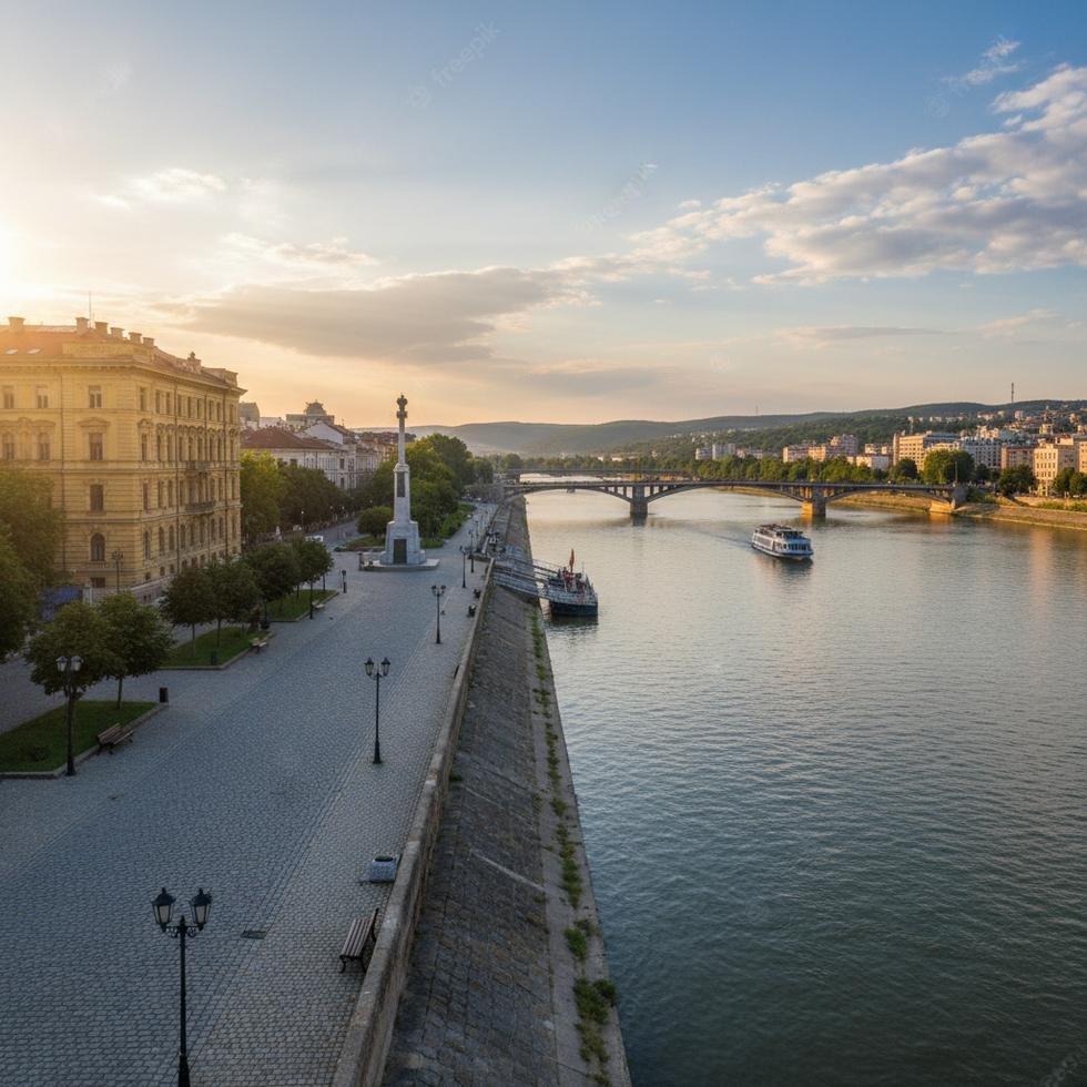 Ruse şehrinde Tuna Nehri kıyısı, tarihi binalar ve meydan manzarası